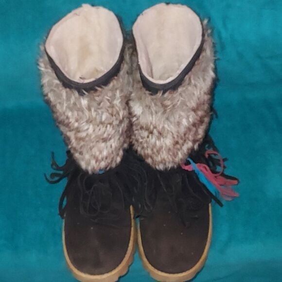 Leather Rabbit Fur Fringes Mukluk Boots 8 - Picture 7 of 10